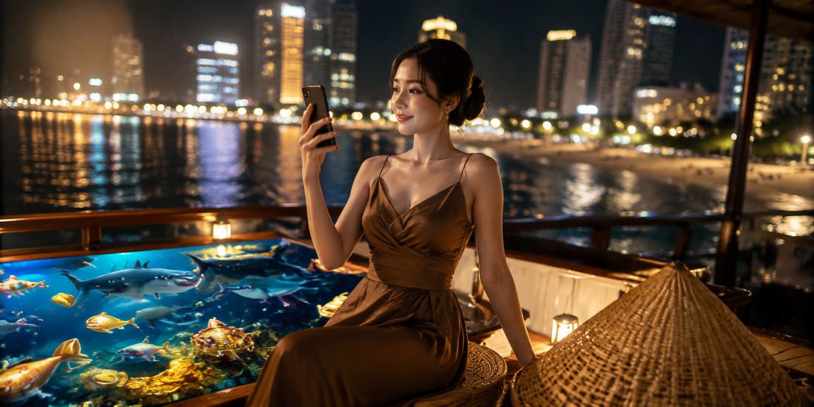 Người dùng Nha Trang trải nghiệm mobile casino với nón lá đặc trưng Việt Nam